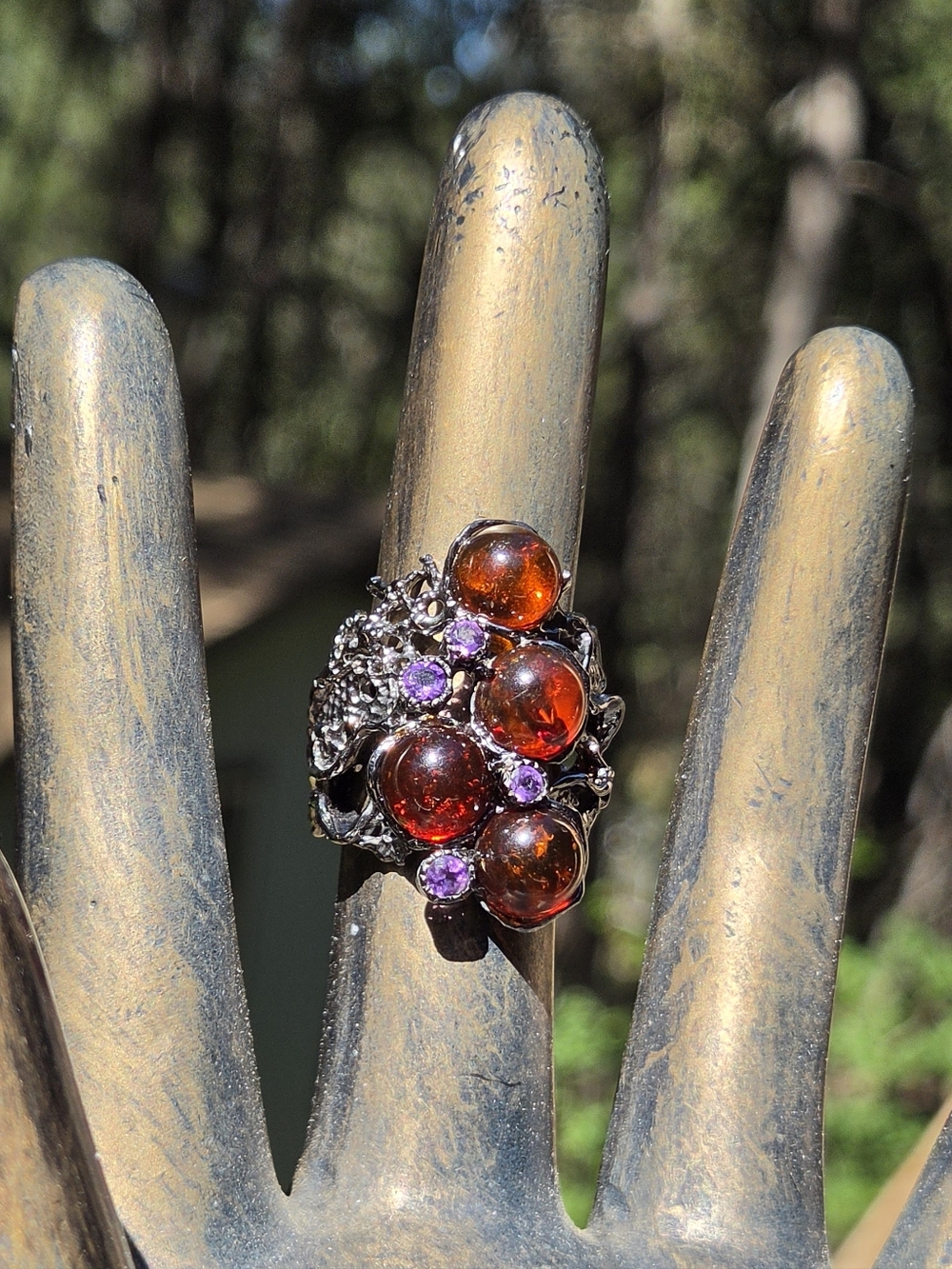 Amber & Amethyst Natural Gemstone Sterling & Rhodium Cocktail Ring Sz7 - Picture 6 of 10